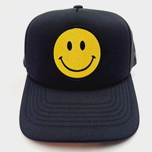 Smiley Face Embroidered Patch Vintage Foam Trucker Mesh Snapback Cap Hat Black